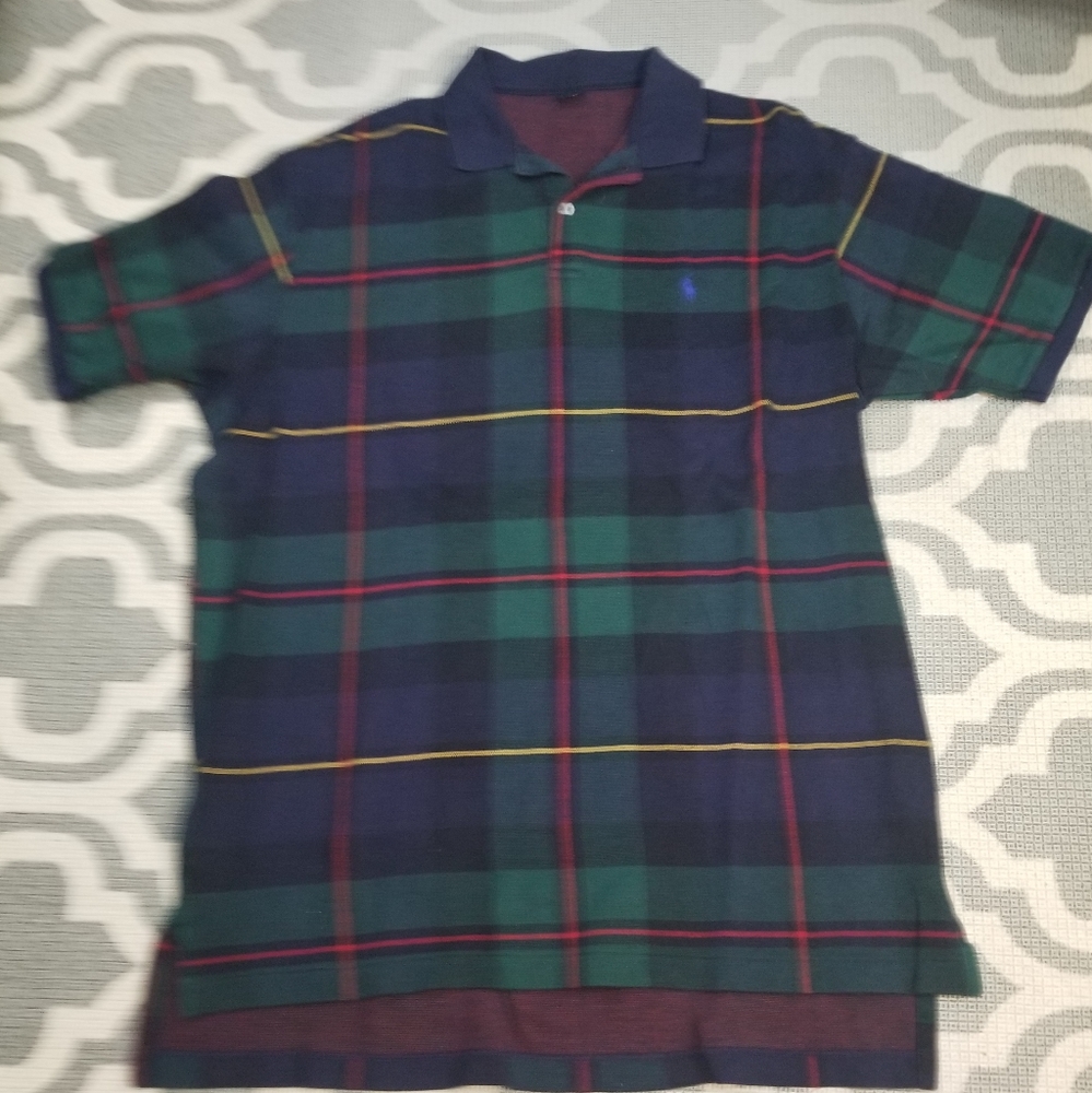 Polo by Ralph Lauren Navy Green Plaid Polo Shirt with Red and Yellow Stripes
